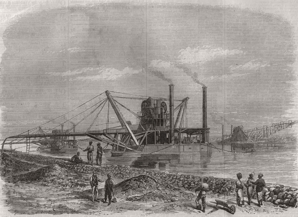 SUEZ CANAL. Under construction. Dredges and Elevators at work 1869 old print